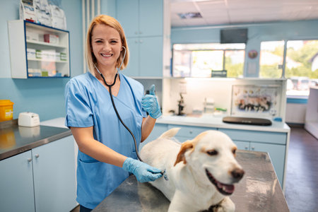 Caring veterinarian attends to a happy dog during a checkupの写真素材