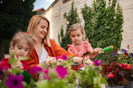 Family bonding while gardening during a sunny afternoonの写真素材