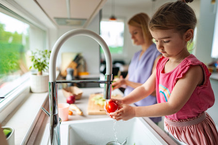 Young girl washing tomatoes while mother prepares lunchの写真素材