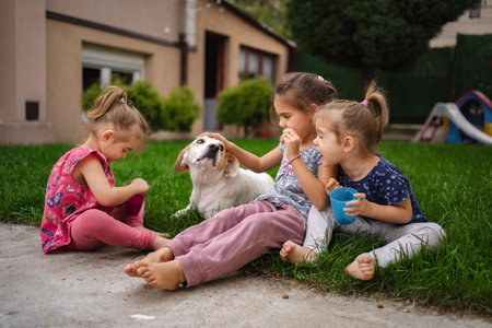 Playful children enjoy a sunny afternoon with their dog in the gardenの写真素材