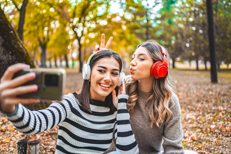 Two Women Sitting on Ground With Headphones Onの写真素材