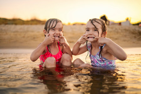 Sisters playfully enjoying sunset beach moments with joyful smilesの写真素材