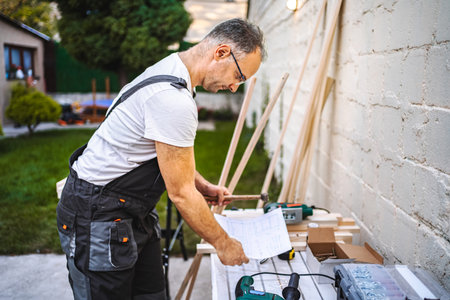 Mature male carpenter working with wooden plank outdoors