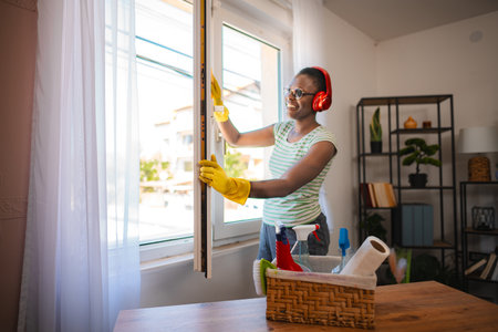 Smiling housekeeper opening window while listening to music with headphones