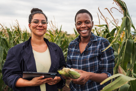 Agronomist with digital tablet and farmer inspecting corn field