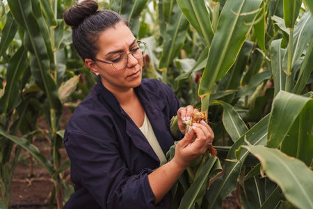 Agricultural researcher inspecting corn cob in fieldの写真素材