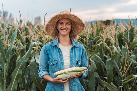 Farmer holding corn cobs and smiling in a cornfieldの写真素材