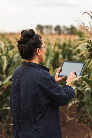 Young woman farmer using digital tablet in corn field