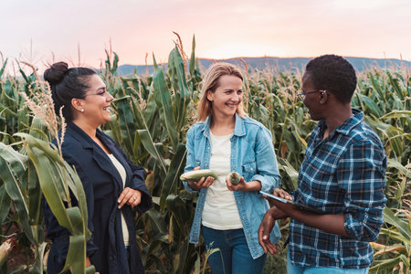 Farmers examining corn crops in field during harvest seasonの写真素材