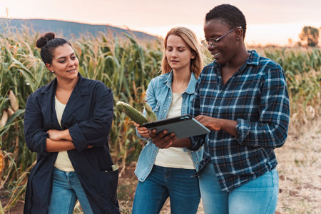 Farmers using digital tablet in corn field at sunsetの写真素材