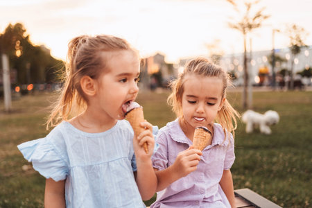 Two little girls enjoying ice cream cones in a park at sunset