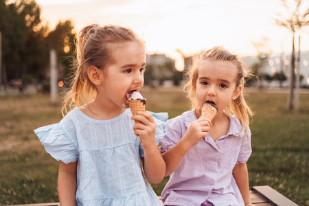 Two little girls eating ice cream cones in a park at sunsetの写真素材