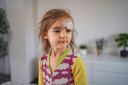 Little girl with band aid on forehead recovering from domestic accidentの写真素材