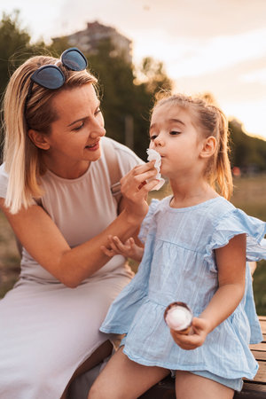Mother cleaning her daughters mouth with a napkin after eating ice cream in a parkの写真素材