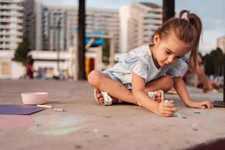 Little girl drawing with chalk on the pavement in a city parkの写真素材