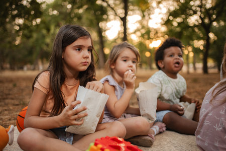 Children watching a movie in the park at sunset, eating popcornの写真素材