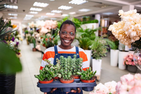 Young florist holding a tray of succulents smiling at the camera in a flower shopの写真素材