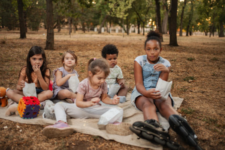 Children eating snacks at the park watching a movie on a laptopの写真素材