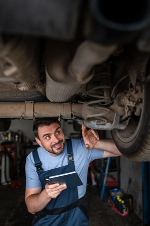 Mechanic using tablet while inspecting car in repair shopの写真素材