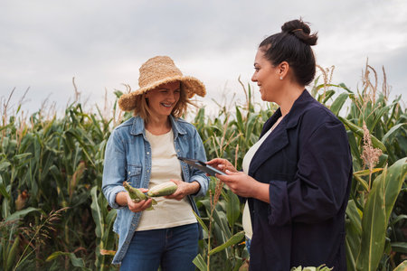 Farmer showing corn cob to agronomist using tablet in cornfieldの写真素材