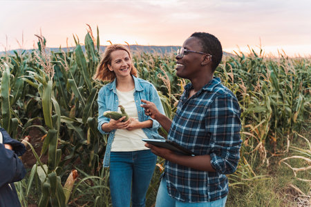 Farmers discussing and inspecting corn crops in field at sunsetの写真素材