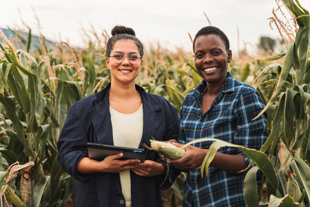 Agronomist and farmer examining corn crop in field using digital tabletの写真素材