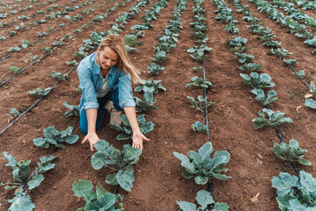 Farmer analyzing the growth of cabbage crops in her fieldの写真素材