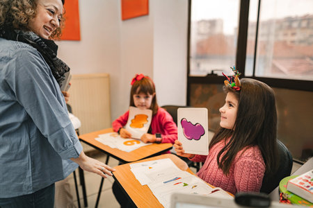 Female teacher helping elementary students at language school classの写真素材
