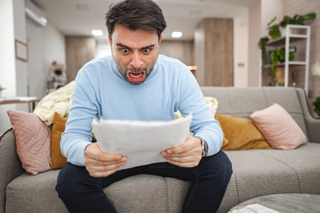 Angry man sitting on couch looking at billsの写真素材
