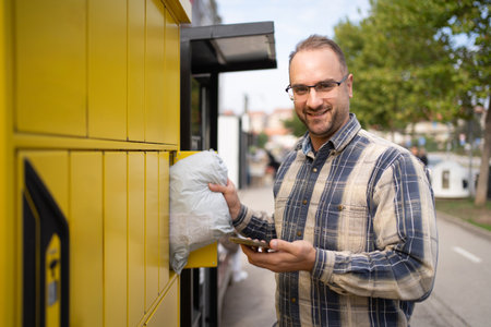 Man using a package delivery locker on a sunny day in an urban setting while checking his phone