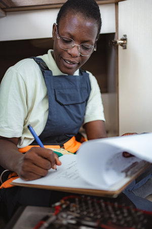 Female plumber taking notes and planning her work under the sinkの写真素材