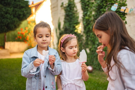 Children enjoying summer treats in a sunny gardenの写真素材