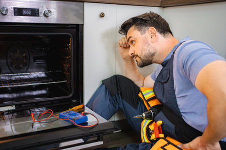 Technician inspecting a broken oven with a multimeterの写真素材