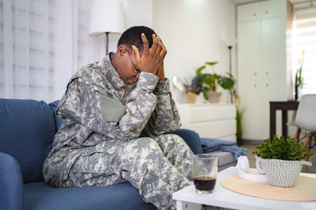 Military Veteran Struggling with Emotional Stress at Homeの写真素材