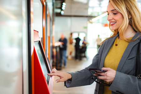 Woman using self-service kiosk and smartphone for shoppingの写真素材