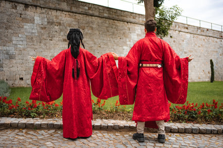 Couple celebrating wedding in traditional Chinese Hanfu clothingの写真素材