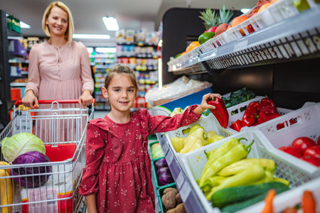 Mother and daughter picking fresh vegetables in supermarketの写真素材