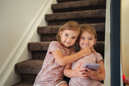 Two preschool age twin sisters hugging and using smartphone on stairs at homeの写真素材