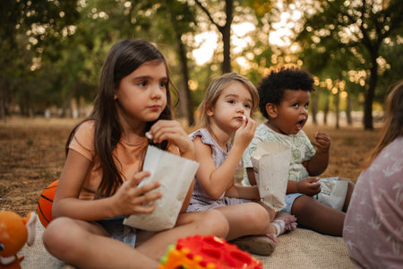 Children watching a movie in the park and eating popcorn at sunsetの写真素材