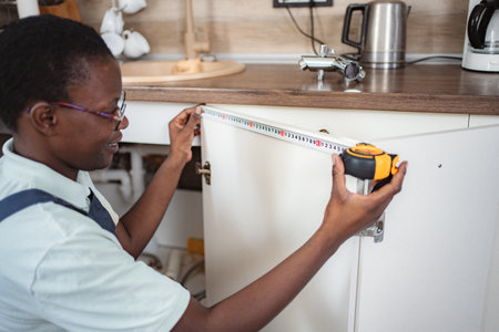 Carpenter taking measurements of kitchen cabinet using tape measureの写真素材