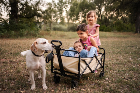 Dog pulling wagon with three little girls in a parkの写真素材