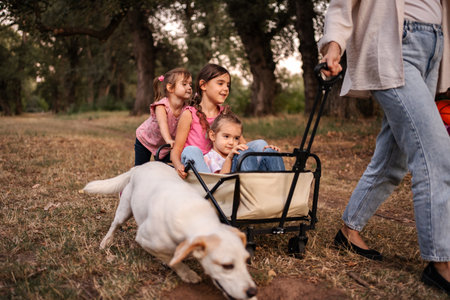 Mother pulling her three daughters in a cart with their dog running alongside in a parkの写真素材