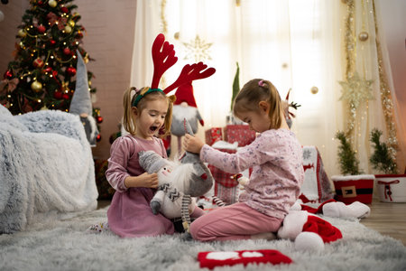 Two little girls playing with Christmas gnomes in a decorated living roomの写真素材