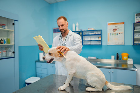 Vet examines patient in a bright clinic during a routine check-up