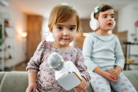 Little girl playing with karaoke microphone at home with her sisterの写真素材