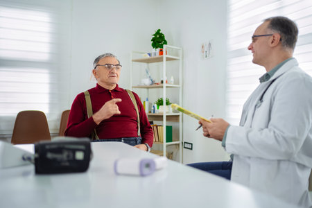 Elderly man consults with doctor in a modern medical officeの写真素材