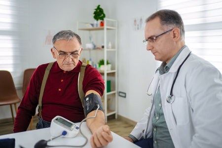 Health check-up in a bright clinic with a caring physicianの写真素材