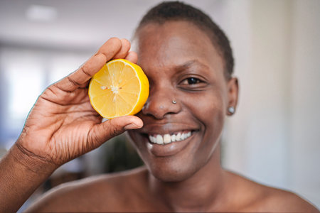 Young woman holding a slice of lemon in front of her eye and smilingの写真素材