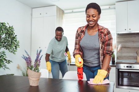 Two African American Women Cleaning the Kitchen Table and Chairsの写真素材