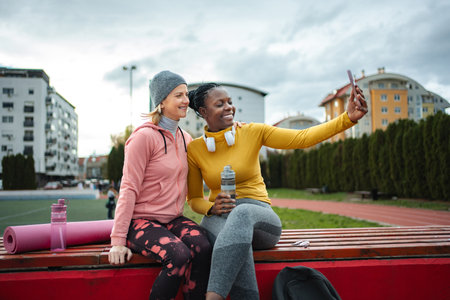 Diverse women friends taking selfie after fitness workoutの写真素材